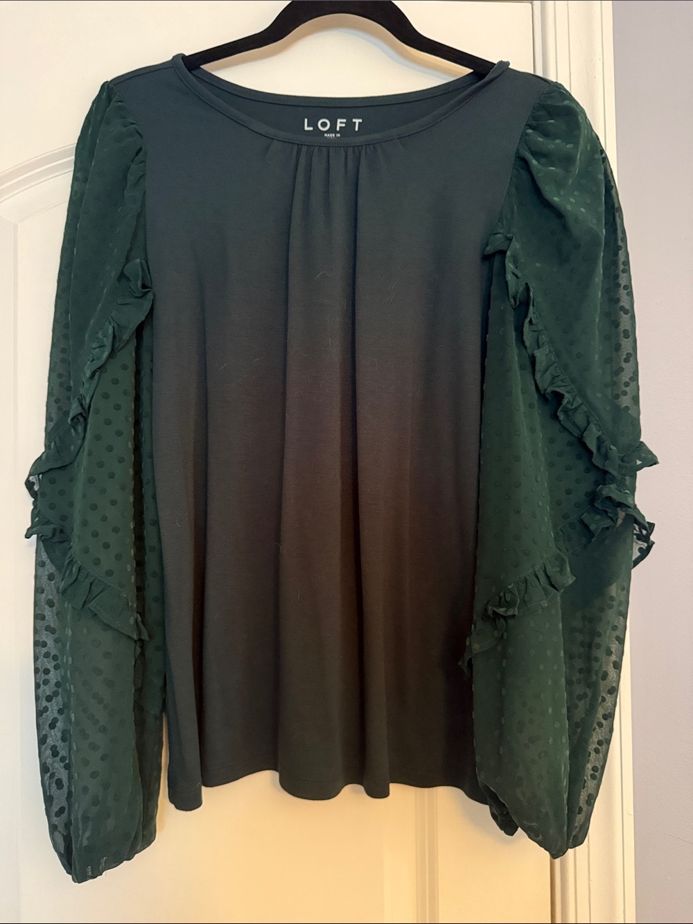 LOFT Emerald Green Sheer Swiss Dot Ruffle Long Sleeve Top